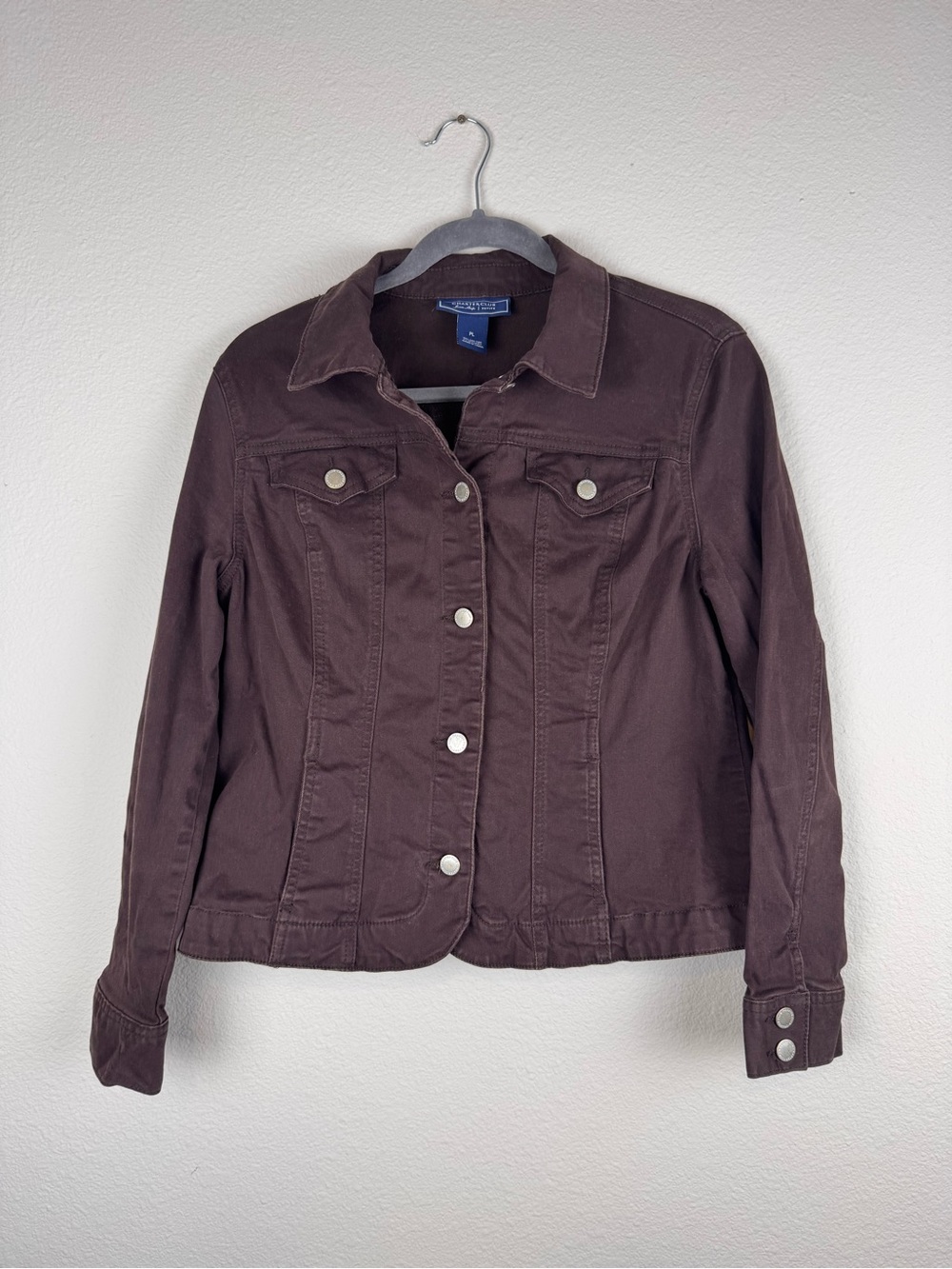 Charter Club Womens PL Petite Brown Denim Trucker Jacket Stretch Button Front